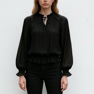 Diane Von Furstenberg Silk High Neck Pleated Ruffle Blouse in Black | Size 4